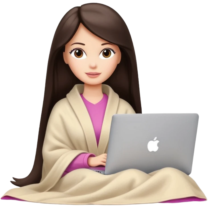 Barbie girl with a long straight dark brown hair inside a pale beige blanket working macbook  emoji