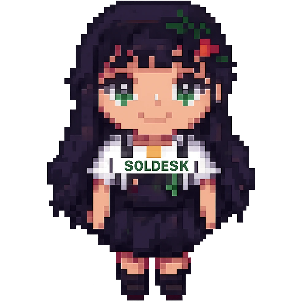 Add the SOLDESK logo to the character's shirt, keep the pixel art style, no background. The style is pixel art. emoji