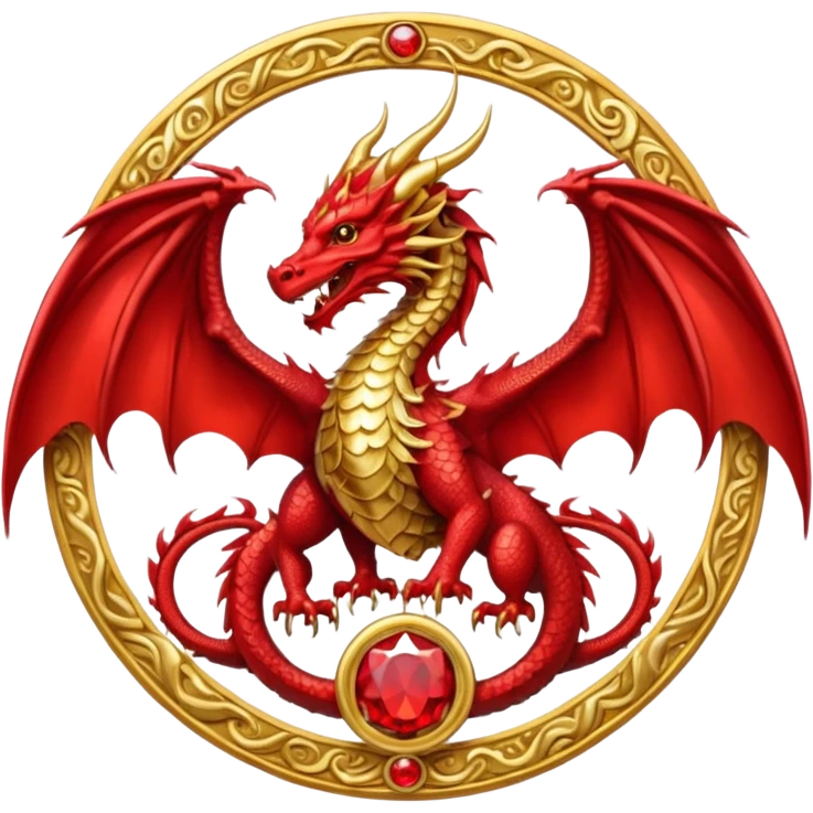 Golden Dragon with wings crest/brosch in a circle with red gems emoji
