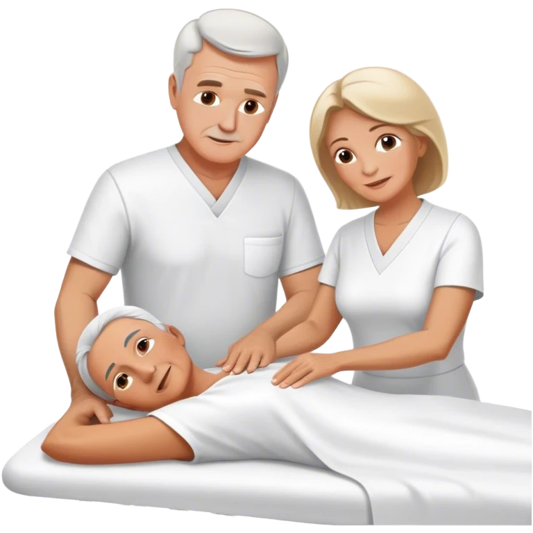 60-year-old white man dressed in white tunic giving massage to a 60-year-old white woman emoji