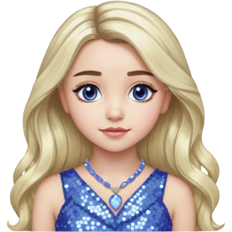 Sabrina Carpenter with long platinum blonde hair, periwinkle sequin dress and necklace emoji