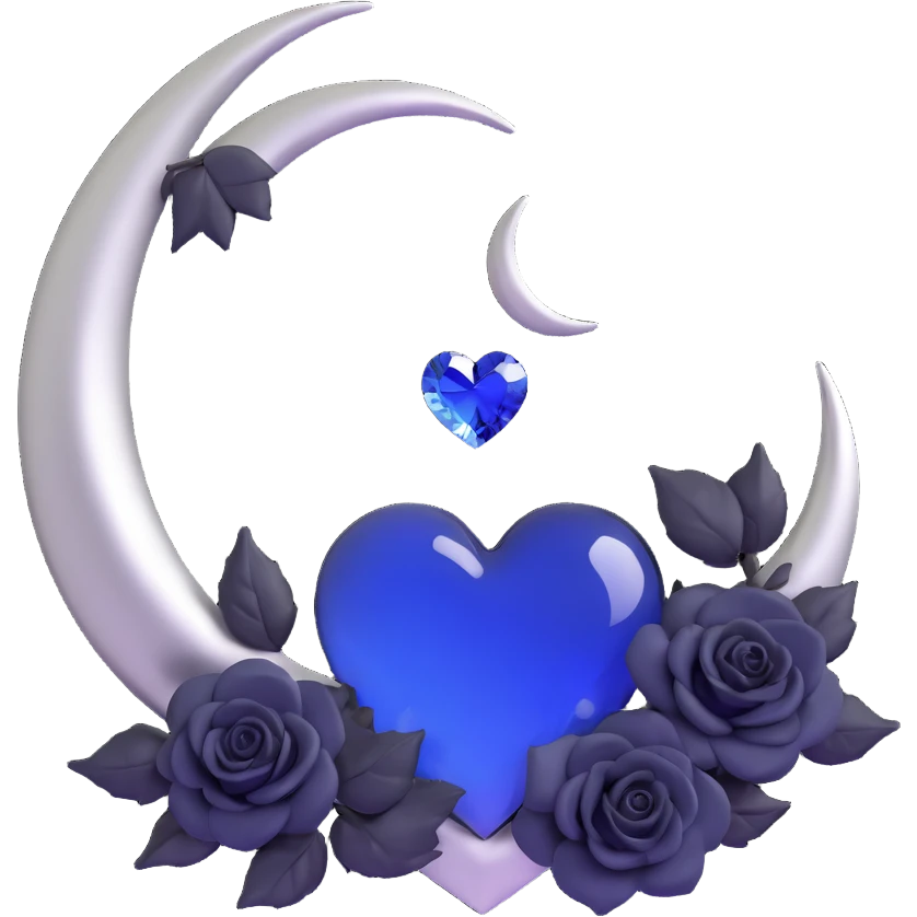 midnight blue glass heart with a silver crescent moon, surrounded by small black roses, gothic and luxurious emoji