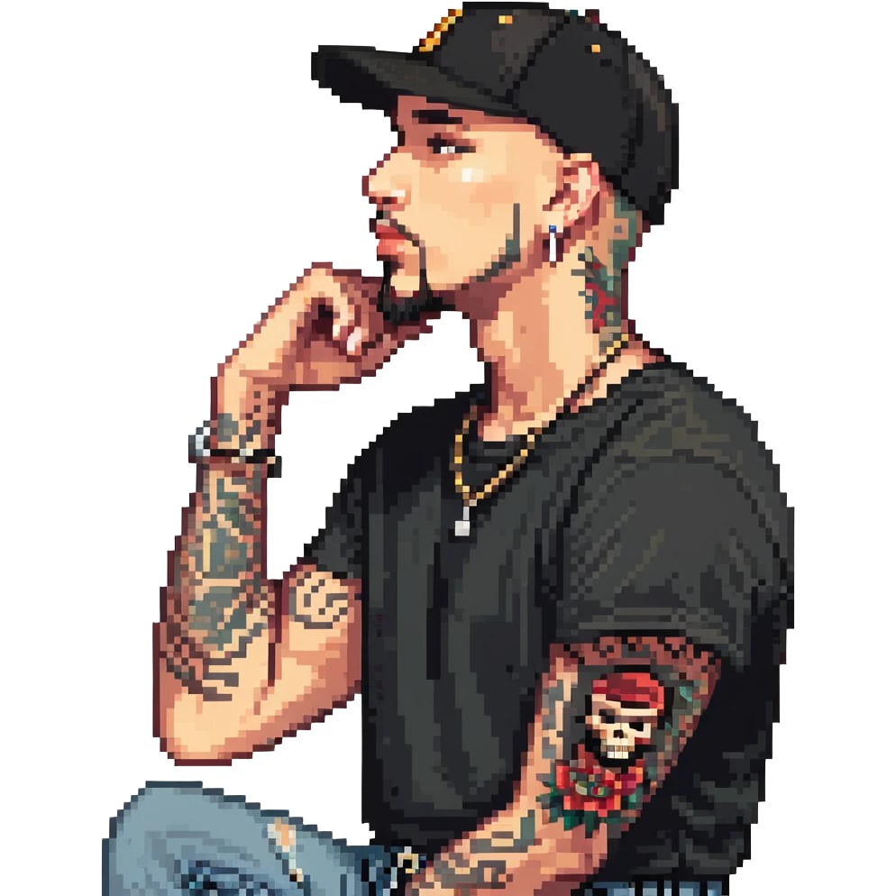a man with a shaved head, goatee, pierced ear, and green eyes, wearing a black baseball cap, black shirt, jeans, and tattoos on one arm, pixel art style, side profile emoji