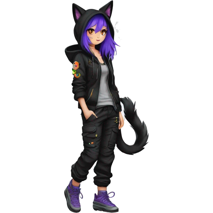 Edgy Anthro-sona cool shy colorful urban beautiful pretty anime Black cat-Pokémon techwear cargo pants hoodie collar emoji