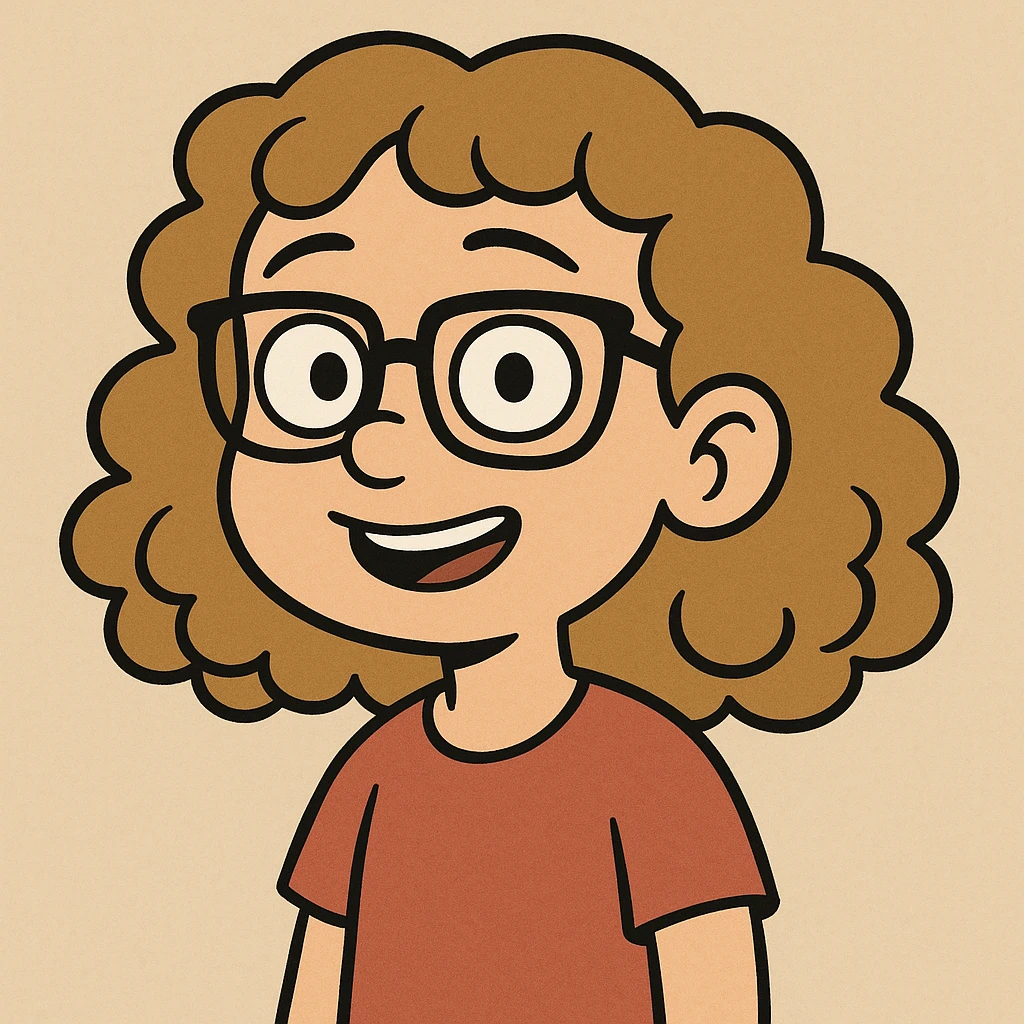 jeune fille aux cheveux bouclés blonds foncé, portant des lunettes noires, yeux marrons, style cartoon emoji