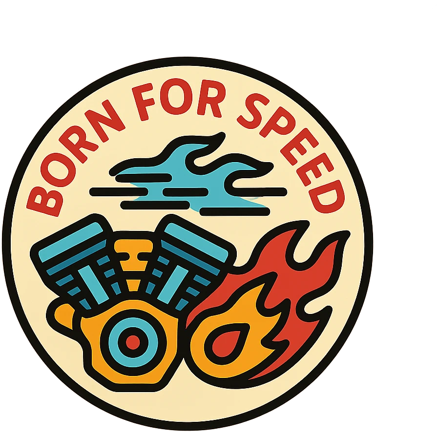 circular motorcycle cap design with the English phrase 'Born for Speed', featuring motorcycle motifs like motor, flame, wind, speed style emoji