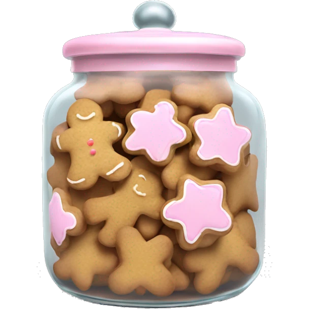 Realistic glass cookie jar with light pink lid full of gingerbread cookies isolated.  emoji