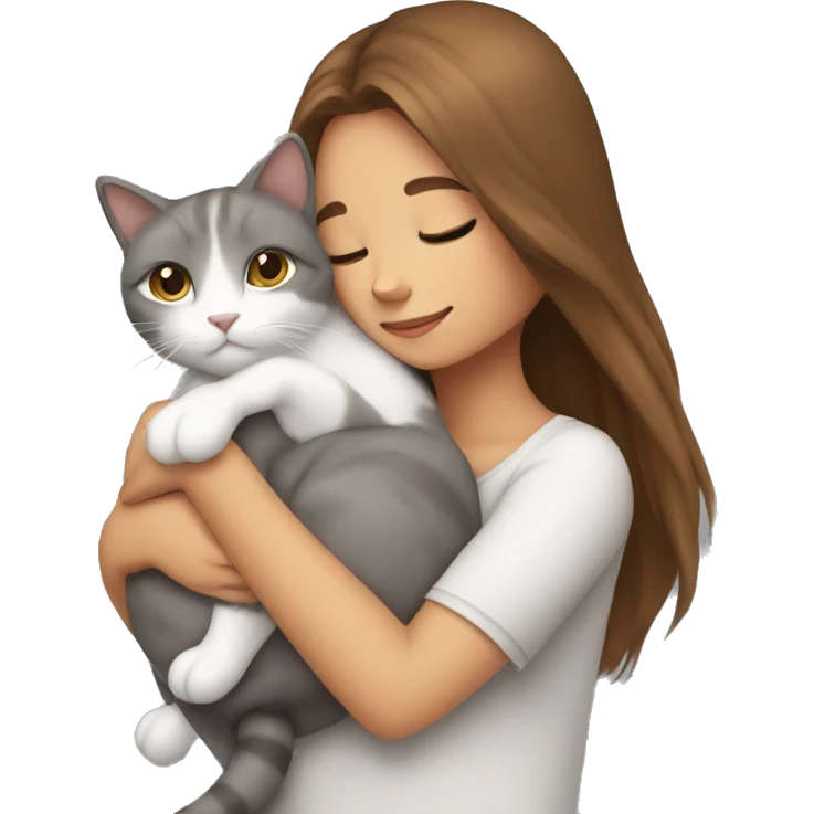 White grey cat cuddling brown long hair girl emoji