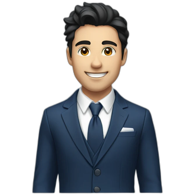  a young man with a joyful expression. He has dark hair styled neatly, a clear complexion, and is wearing a dark blue suit with a notched lapel, over a white shirt with no visible tie. emoji