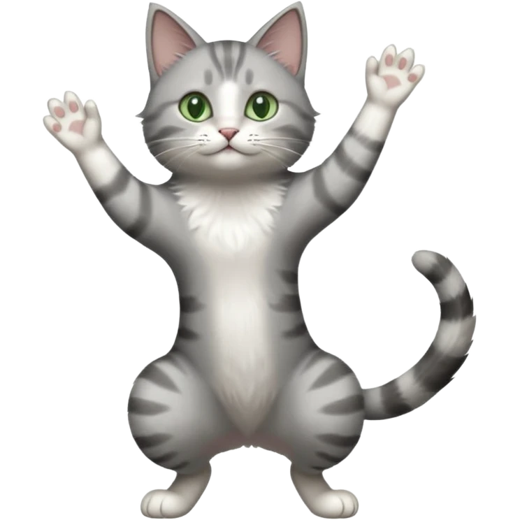 grey and white cat with green eyes doing a big extremely long stretch reaching up into the air with arms and legs side by side together emoji