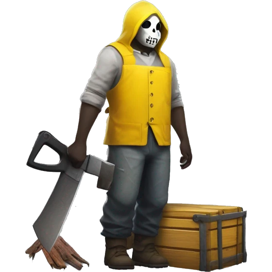 Dead by daylight cannibale beside a chest waiting with His chainsaw in His yellow Rubber apron , white skin and a Grey Shirt under the apron emoji
