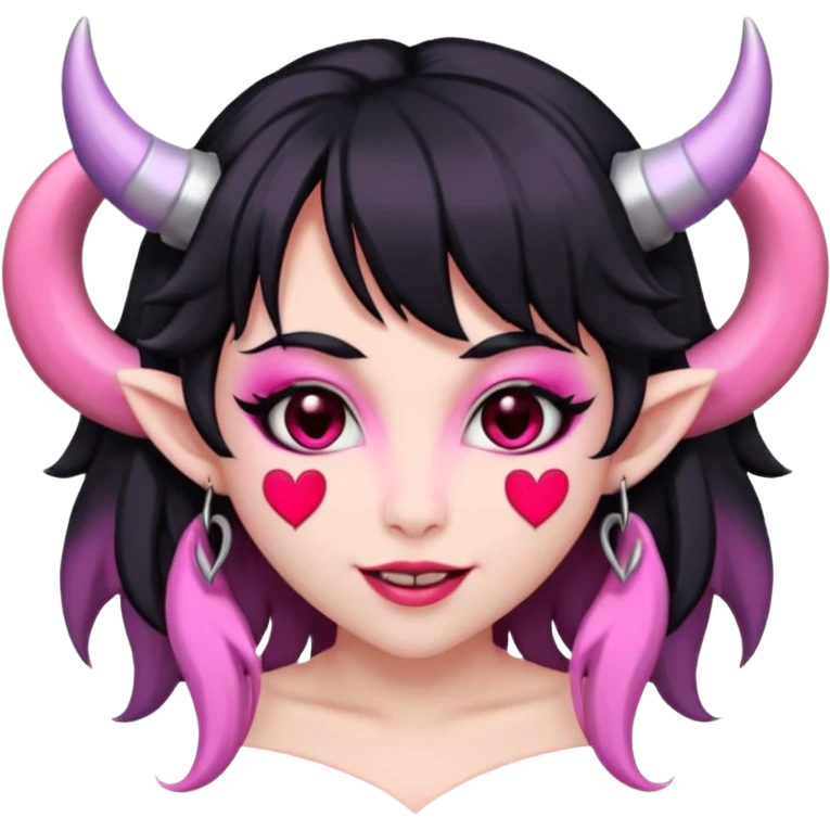 succubus,-pink-irises,-heart-pupils,-black-shaggy-hair,-straight-across-fringe,-grey-skin,-white-horns-curving-towards-forehead,-succubus-horns,-flirty-smile,-full-lips,-black-lips,-cute-fangs emoji