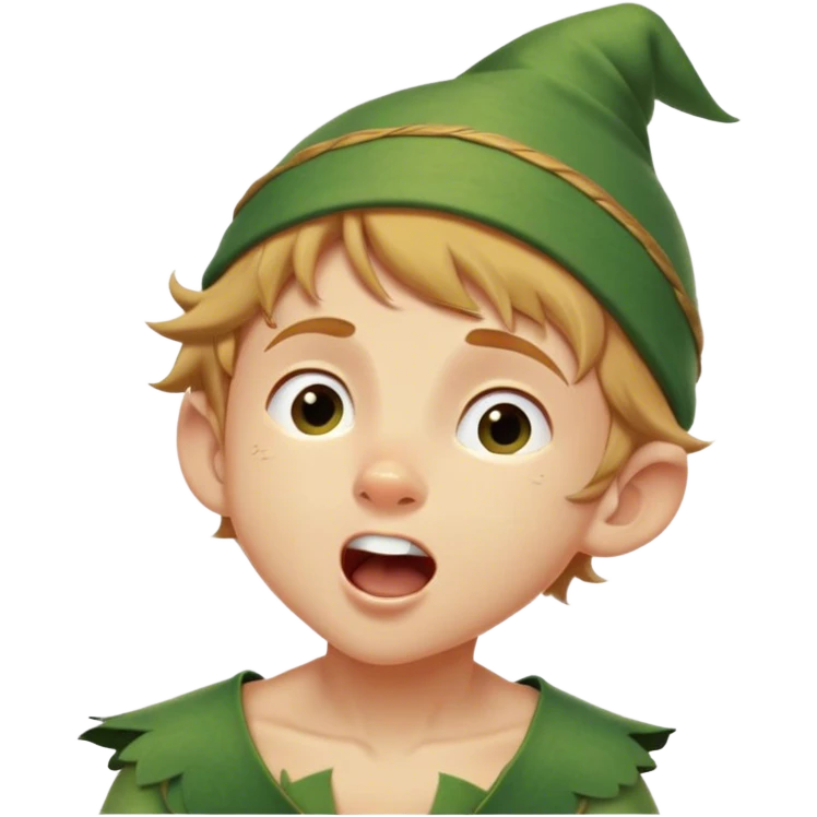 Cinematic Realistic Peter Pan Portrait, head tilted slightly with a dramatic, wide-open yawn, revealing a relaxed yet spirited expression. His detailed tunic and cap, paired with a gentle, ambient glow, capture a tender moment of vulnerability amidst his eternal quest for adventure. emoji