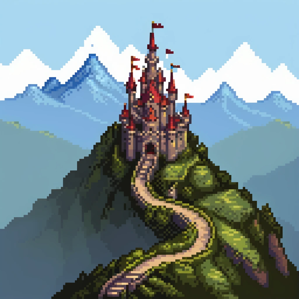 Fantasy castle on a mountain with a winding path emoji