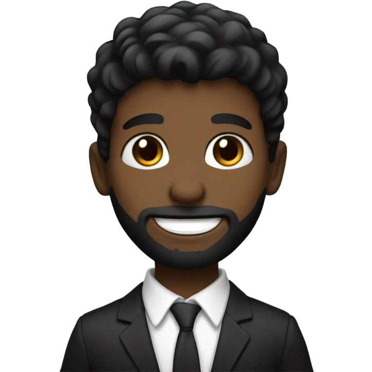 boy in black suit, black eyes, black hair, brown skin, black beard, cheeky smile emoji