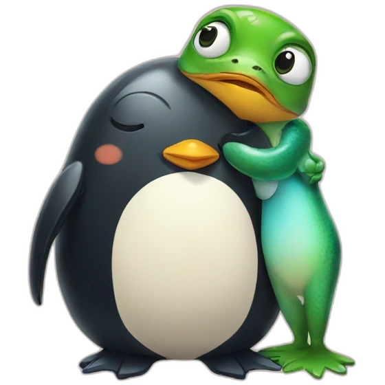 Penguin hugging a frog emoji