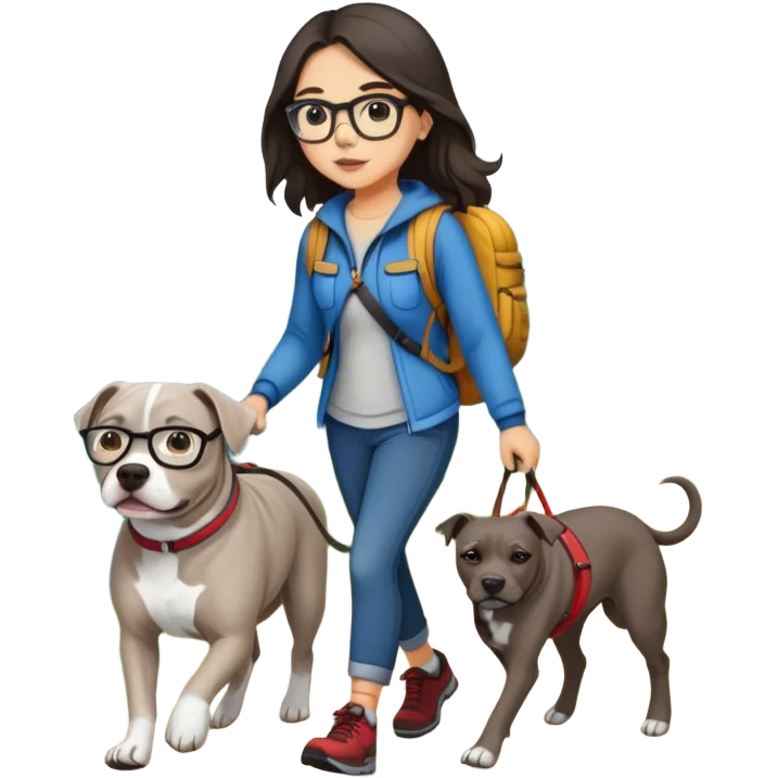 Girl with glasses and long dark hair hiking and walking grey pitbull emoji