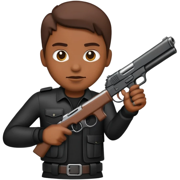 Brown skin emoji wearing all black with a gun in his hands emoji