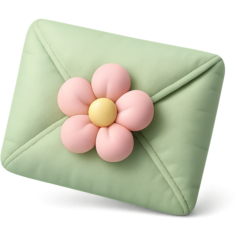 leaf envelope sealed with a flower, pastel greens and pinks, cushion style emoji