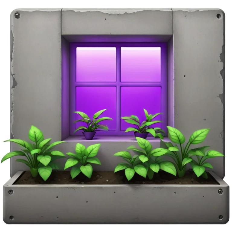 Rectangular concrete structure at night with one bright purple window from plant grow lights emoji
