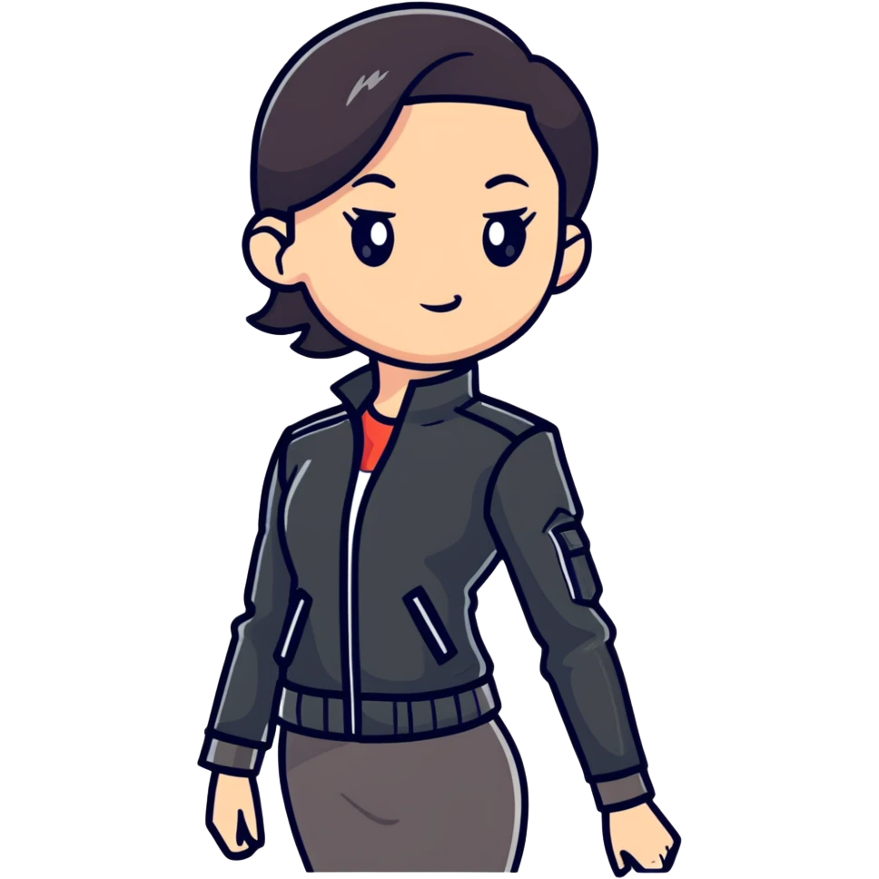 female character with oval-shaped flat-top head wearing a tight-fitting elbow-length black leather jacket emoji