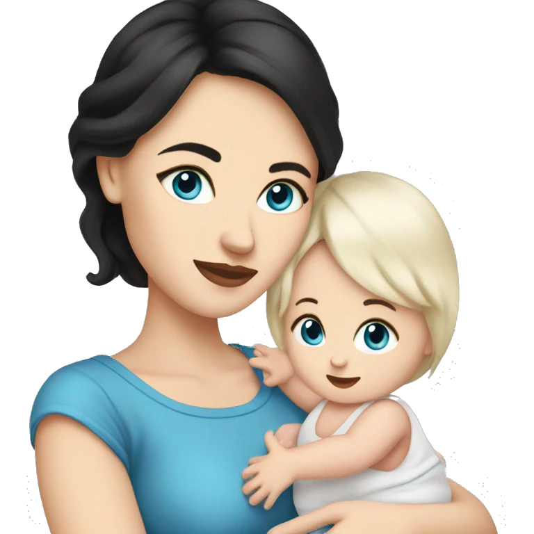 mom holding newborn baby girl with blue eyes white skin black hair emoji