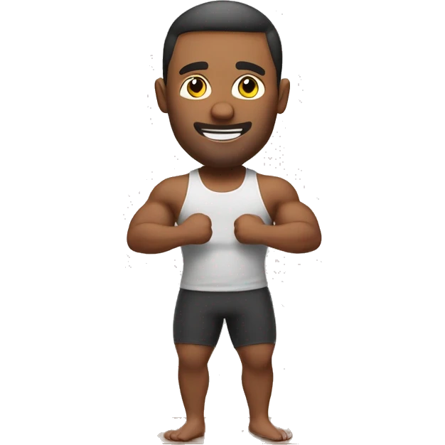 Adult man doing exercises at home. Posing for photo. Half body emoji