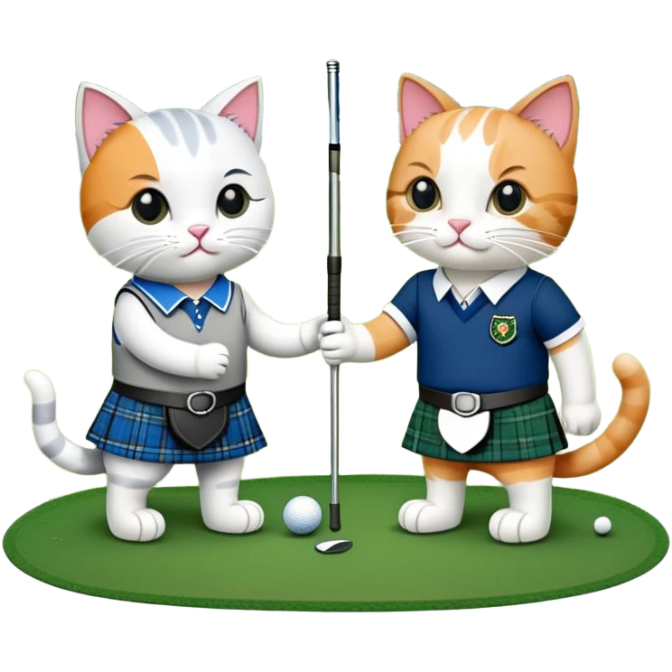 two cats in love playing golf in Scotland, wearing kilts, with a golf course and Scottish flag in the background emoji