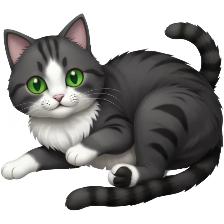 dark grey cat with green eyes, white toes/paws and white patch on her chest playfully rolling upside down emoji