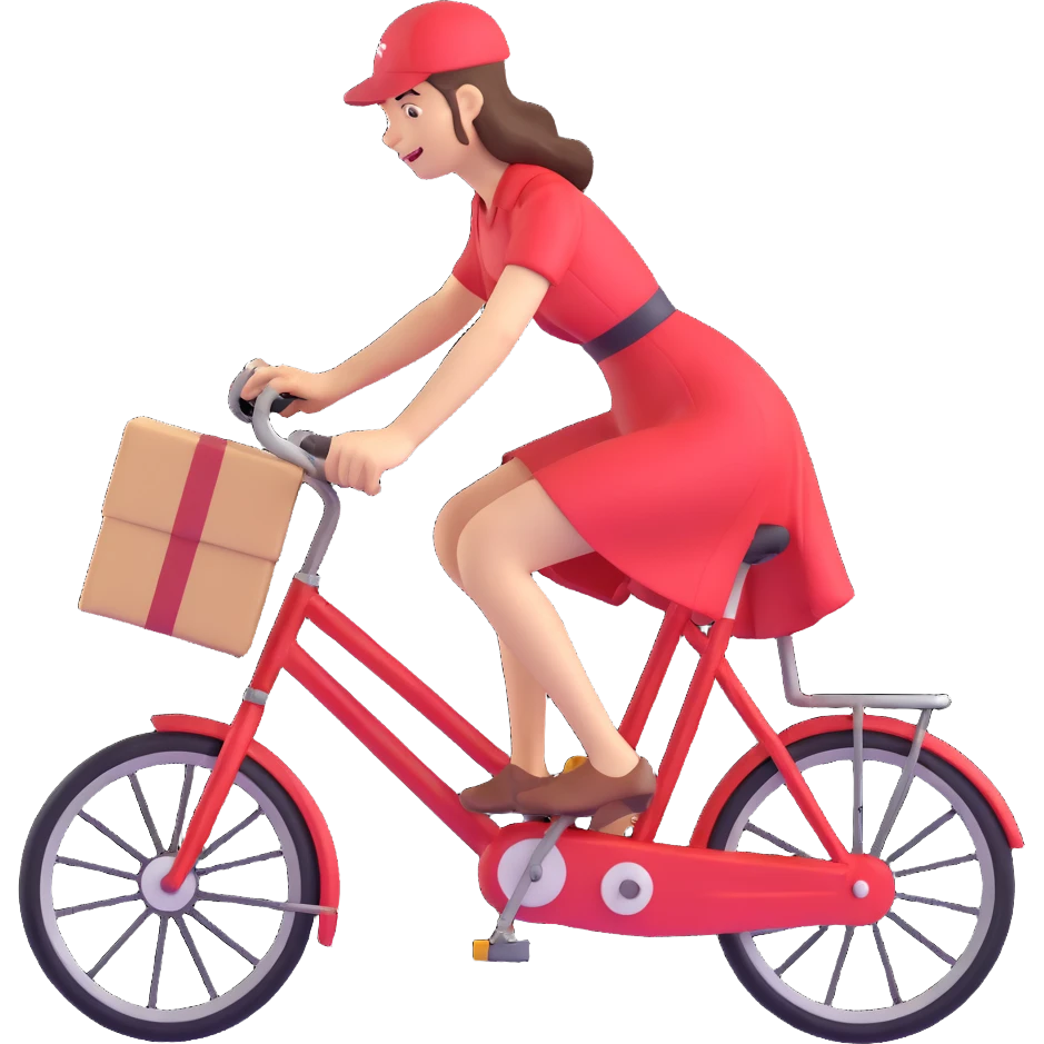 courier in a flowing red dress delivering packages on a bicycle, energetic and cheerful emoji