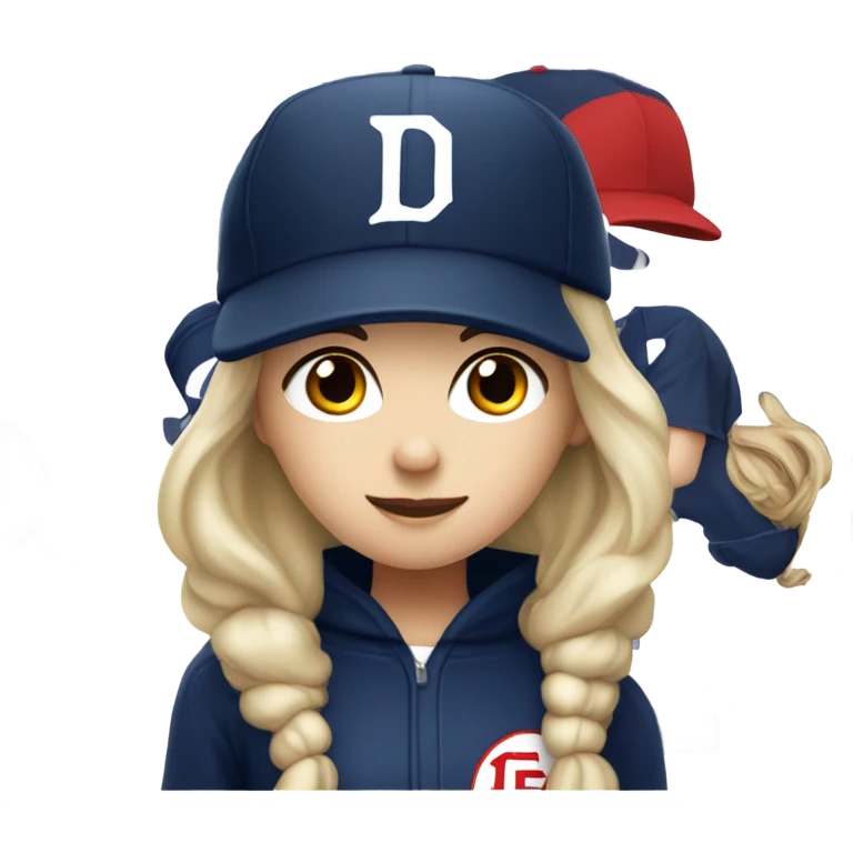 White girl with black long hair who wearing navy ballcap emblazoned with a red D initial and wearing baseball uniform emoji