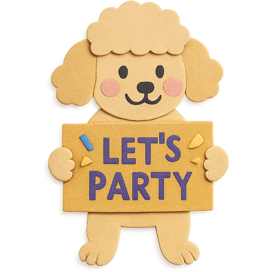 smiling poodle holding a confetti sign board with the text "Let's Party", cheeks blushing, paper-craft style emoji