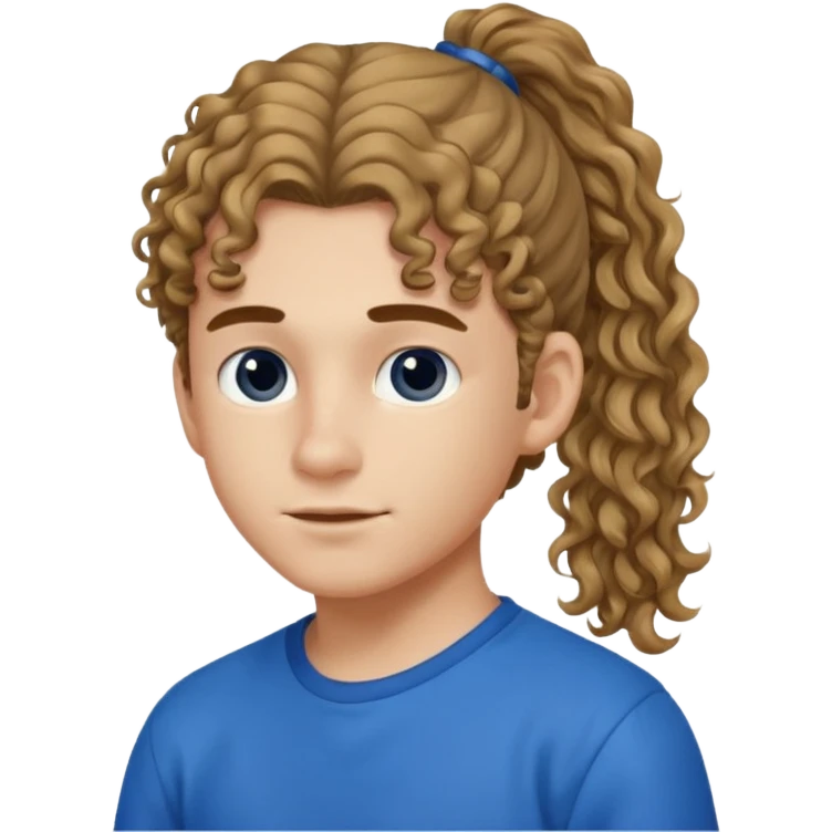 یه پسر با موهای  بلند و فرفری با لباس ابی موهاش رو دُم اسبی  بسته باشه emoji