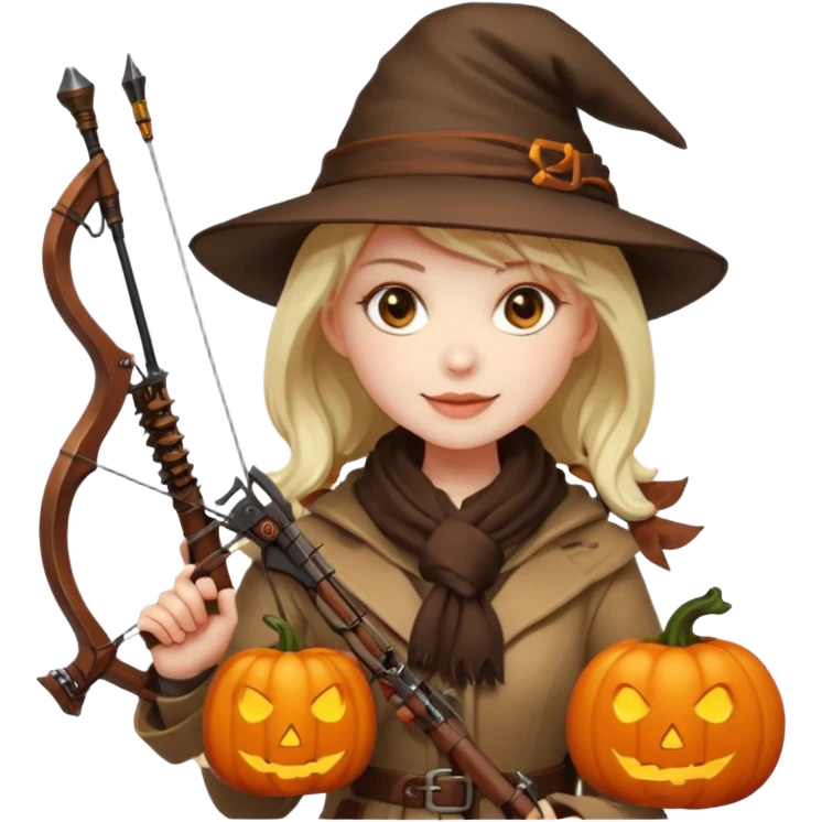female human monster hunter emoji, wearing brown coat and hat, holding crossbow, soft smile, scarf, glowing pumpkin by her side, Halloween fantasy style, clean vector Apple emoji look, bright colors, white background, square emoji