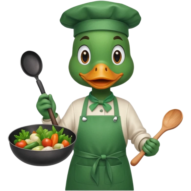 A duck holding a frying pan with vegetables, wearing green apron emoji