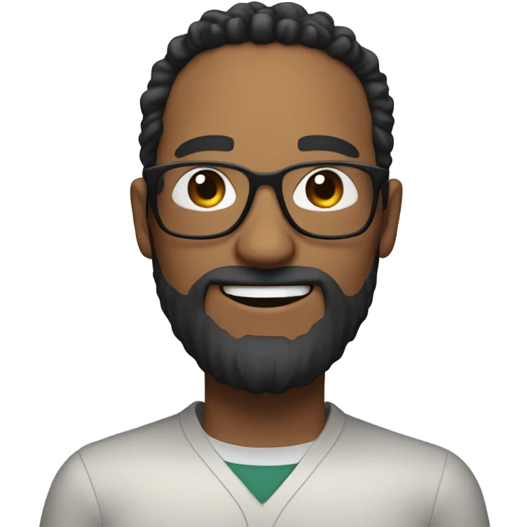 a nerd man, without glasses, black circle beard, curled hairs, smiling emoji