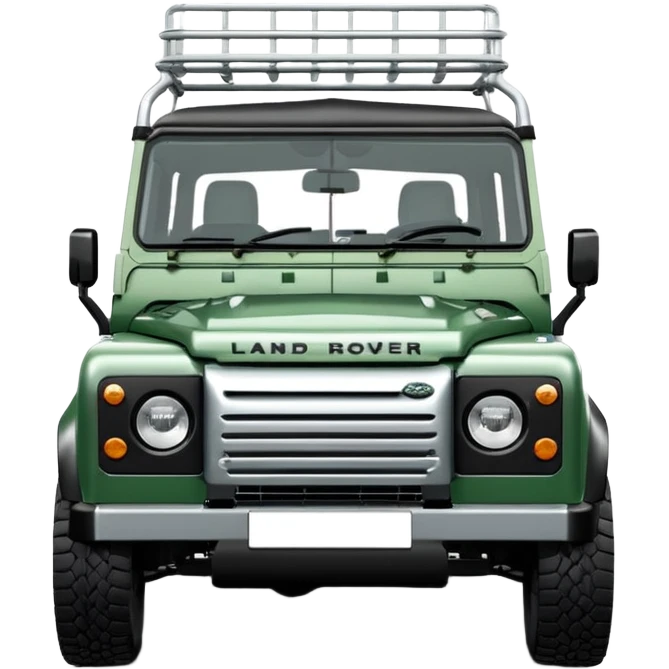 Land Rover Defender 110 2.4Tdci in Aintree Green with silver alloy wheels and black roof rack, emoji style, front view emoji