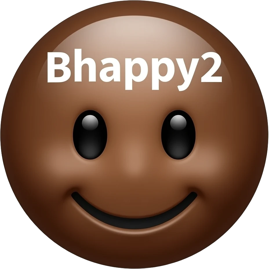 A brown smiley emoji kind of girly with the words Bhappy2.  The words are best but the image needs to be just a round smiling emoji maybe with a girlish. Now add Bhappy2 to same image emoji