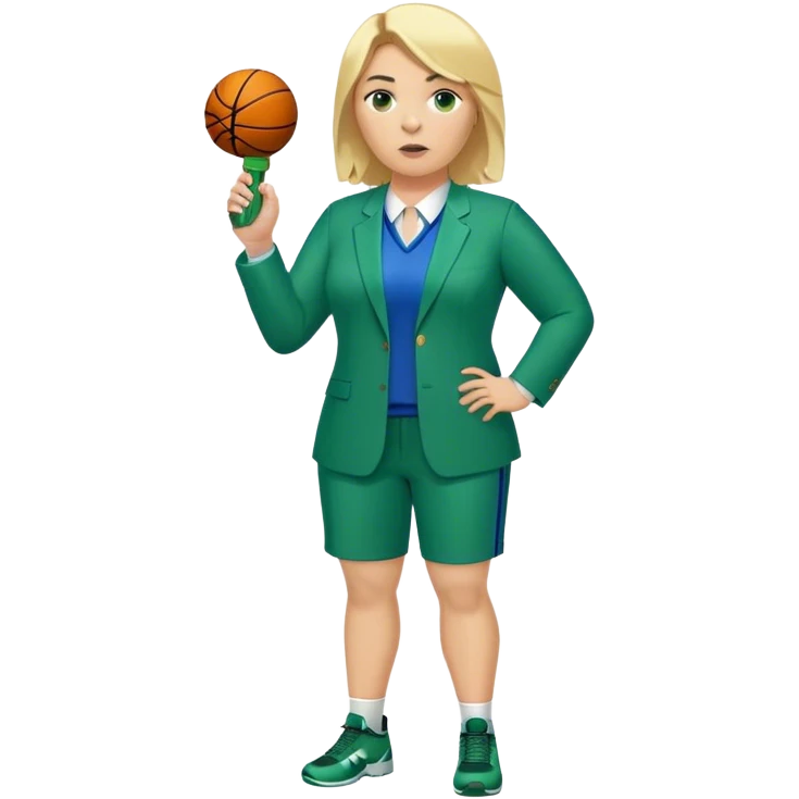 Full Body white plus size female basketball head coach with whistle  blonde hair shoulder length in a blue and green suit emoji