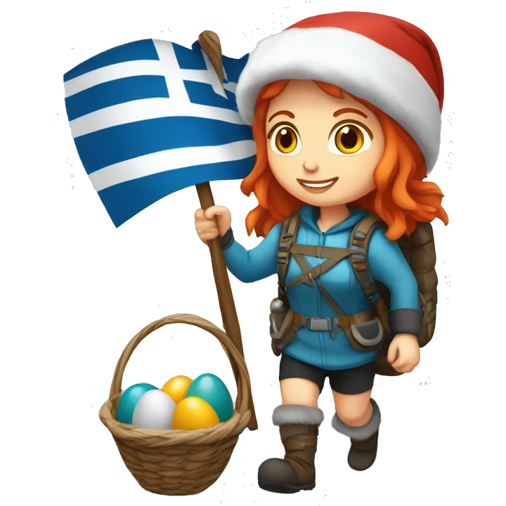 Female winter mountaineer red hair white skin climbing with Greek Flag and Easter eggs basket emoji