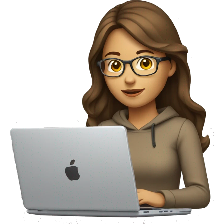 software engineer female with apple laptop. facing the left side while looking at her laptop. very long wavy brown hair, brown eyes, tan skin, yellow sweatshirt, no glasses emoji
