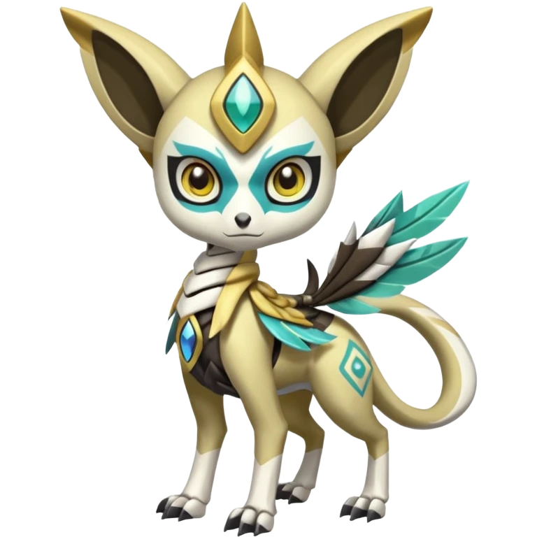 Arrow-patterned chevron-marked Cute Big-eyed anime-styled Colorful Shiny Tribal Skeletal masked armored Meloetta-Silvally-Solgaleo-Raikou-Pokémon-Digimon-Fakémon-fusion-hybrid-creature, full body emoji