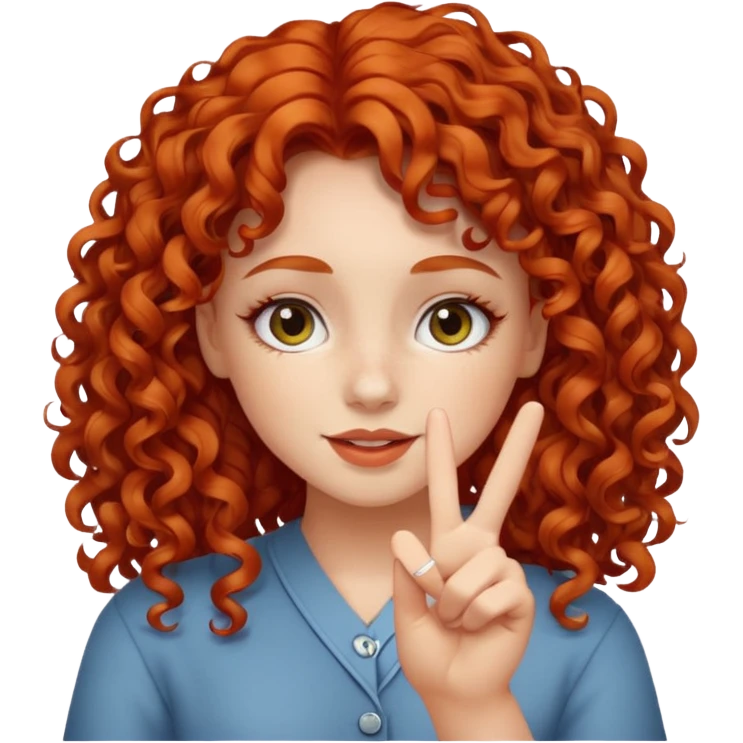 Redheaded girl with curly hair doing peace sign emoji