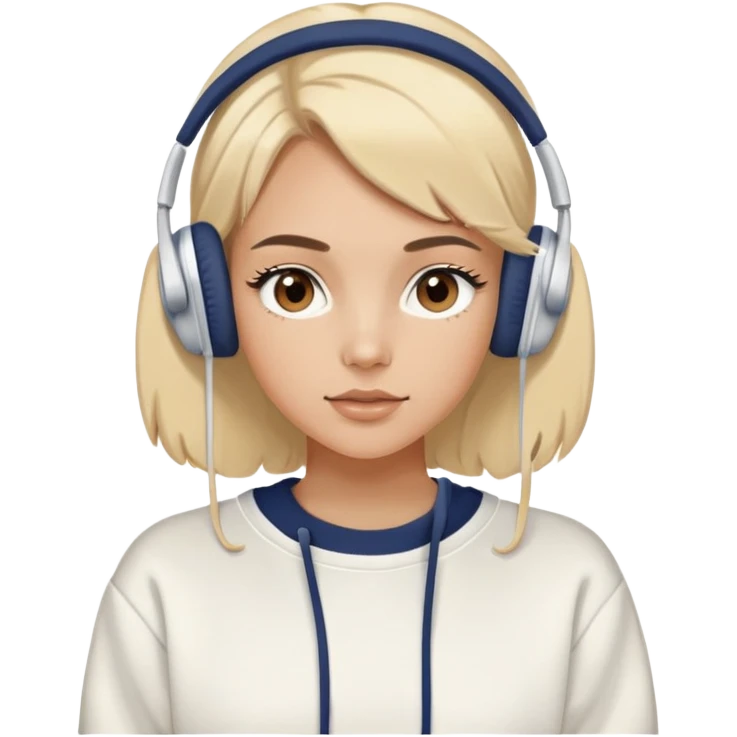 Tan blonde model with brown eyes wearing white headphones and an oversized vintage navy sweatshirt, pretty, eyelashes emoji