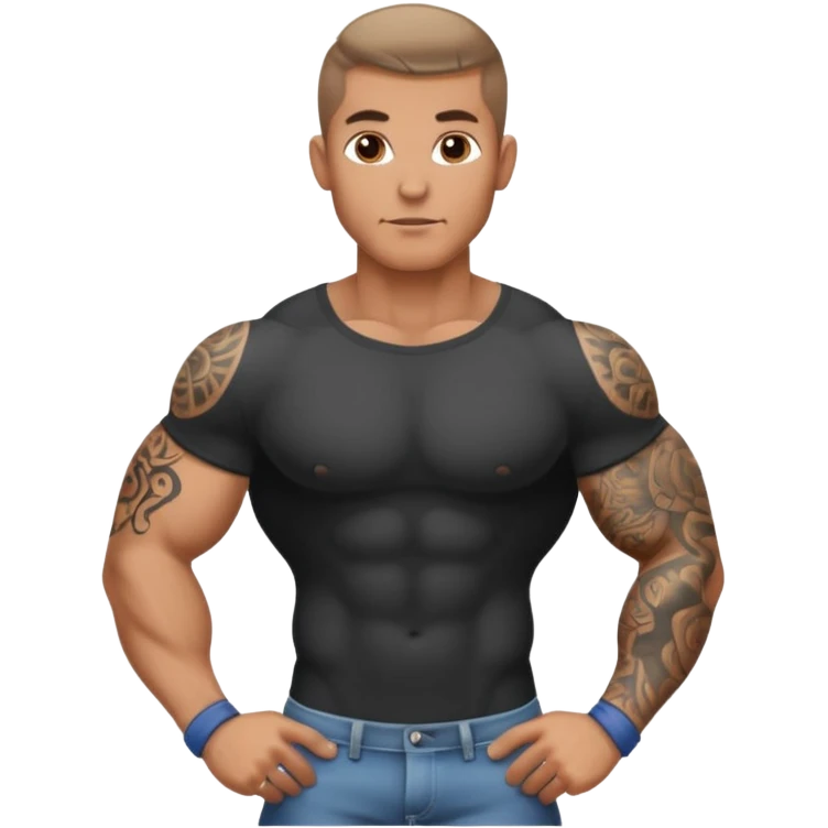 tattooed sleeves very muscular male with big penis sticking up from between legs emoji