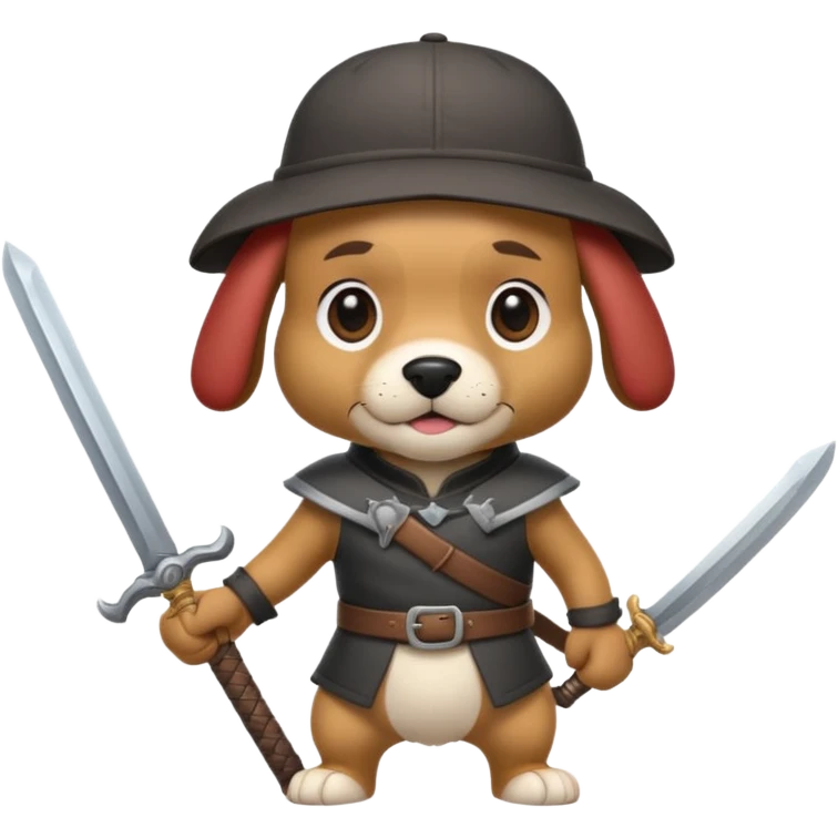 cartoon dog in a backwards hat gripping an oversized sword emoji