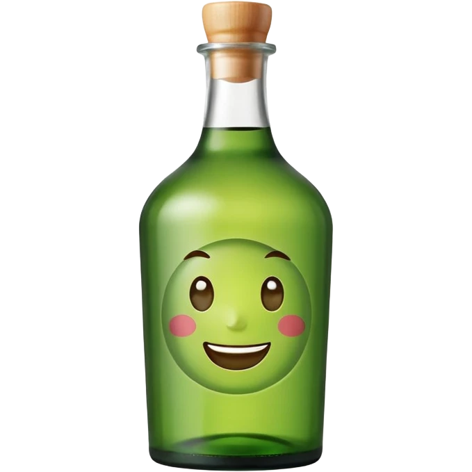 Minimal realistic emoji of a green Korean soju bottle, smooth glass texture, simple Korean label, soft studio lighting, clean background, centered composition, modern emoji design, high quality, 1:1 square emoji