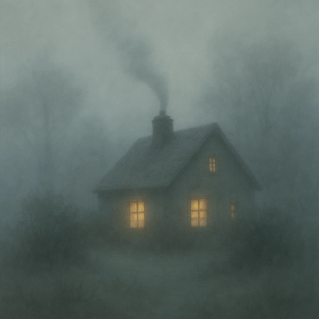 A foggy landscape with a small cottage with smoke coming out of the chimney, foggy style. emoji