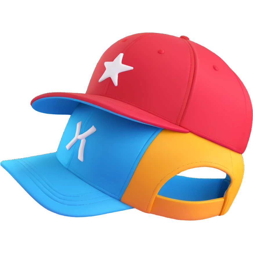 A baseball cap in a vibrant 3D cartoon style on a white background, 3D rendering, high resolution, bright colors, with a perspective composition, high saturation, prominent details, a floating effect, and a lively atmosphere, bottom view. emoji