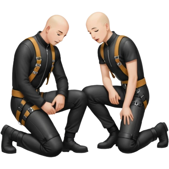 Two men, one standing one kneeling in black leather, harnesses the tall man pissing on the man kneeling both bald the man on his knees with his tongue out emoji